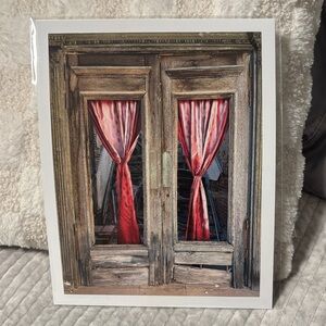 Rustic Wooden Door Art Print with Red Curtains